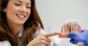 woman at dentist, dental professional holding up anatomy of a dental implant